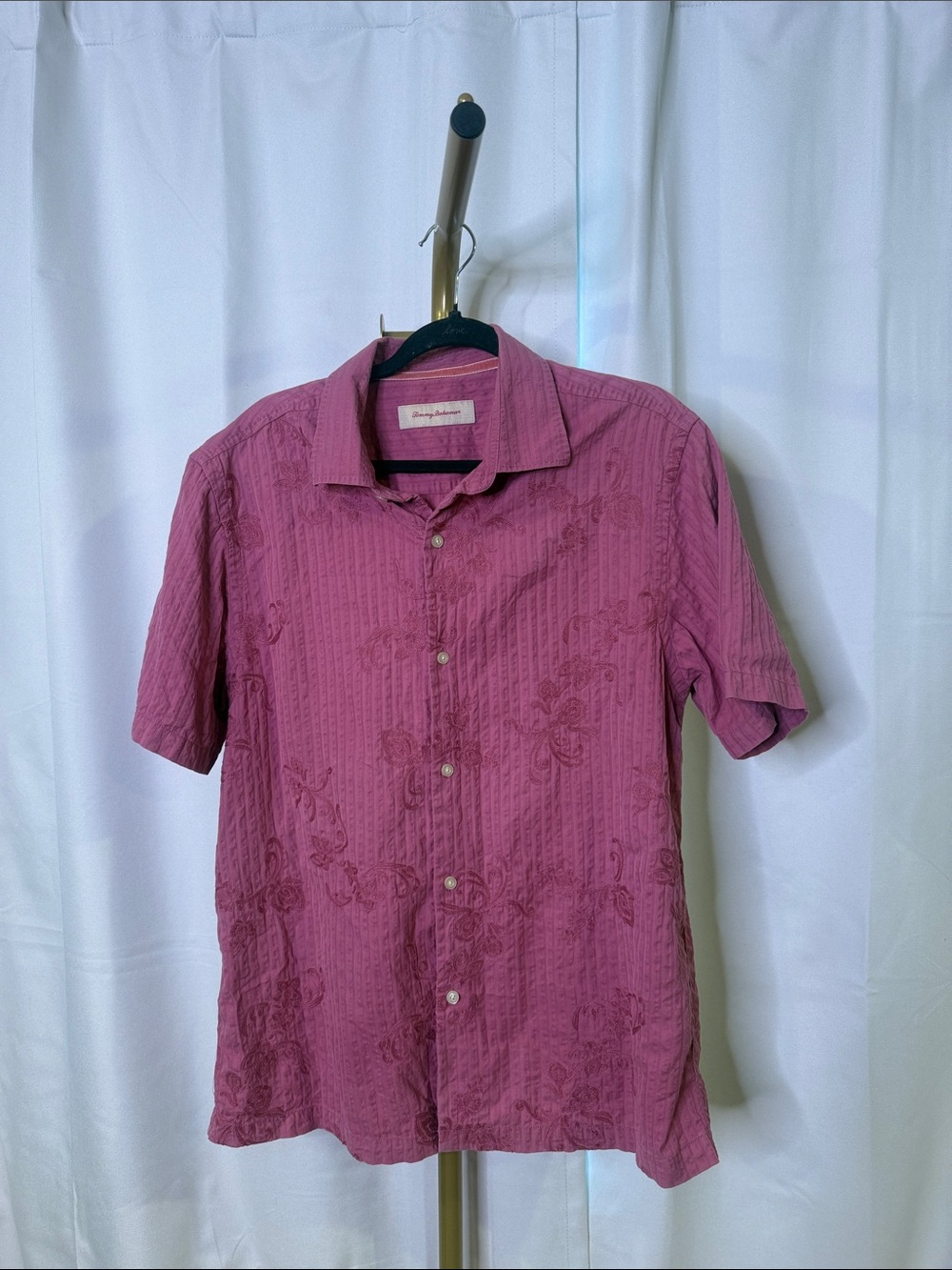 Tommy Bahama Floral Embroidered Button Silk Pink Short Sleeve Shirt Large